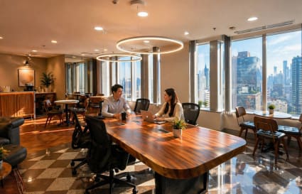 Modern coworking space with panoramic city views, natural light, and stylish furnishings.