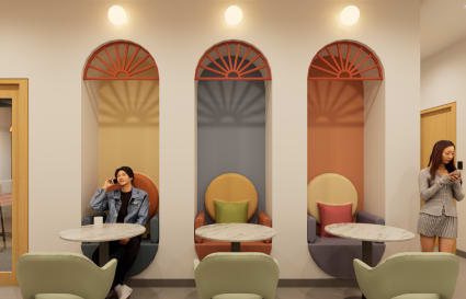 Cozy nooks with vibrant decor offer stylish and private space for calls or work at Salinas Drive coworking.