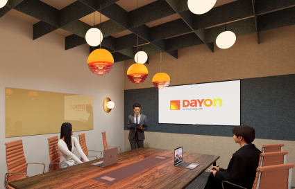 Modern meeting room with sleek chairs, ambient lighting, and presentation screen.