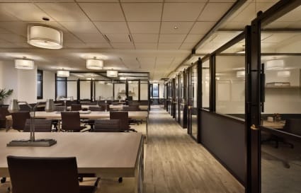 Modern coworking space with sleek desks, ample natural light, and private meeting rooms.