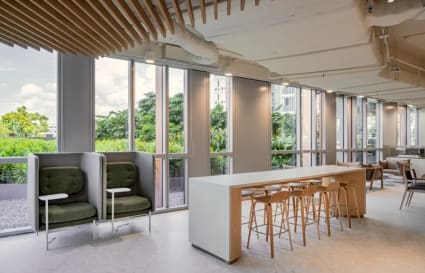 Modern coworking space with natural light, collaborative seating, and serene views.