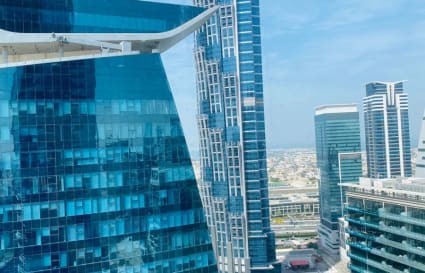 Panoramic city views in Dubai's flexible Marasi Drive coworking space. Perfect for inspiration and networking.