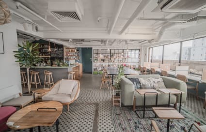 Stylish coworking space with open seating, a cozy lounge area, and a vibrant bar on Shantung Street.