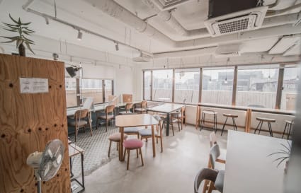 Bright coworking space with natural light, modern seating, and city views on Shantung Street.