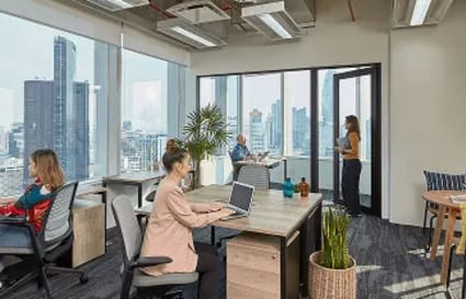 Bright coworking space with city views, modern desks, and collaborative seating in Gateway Drive.