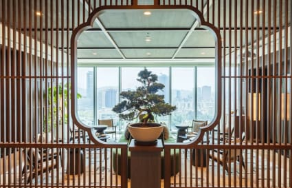 Elegant coworking space with panoramic views and serene, stylish decor on Zhongxiao East Road.