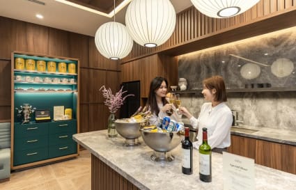 Elegant coworking space with a stylish kitchenette and modern amenities on Zhongxiao East Road.
