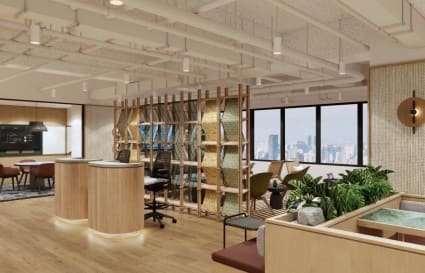 Flexible coworking space with modern design, natural light, and city views in Huai Khwang.