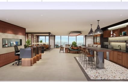 Modern coworking space in Naka Ward with open layout, sleek furnishings, and ample natural light.