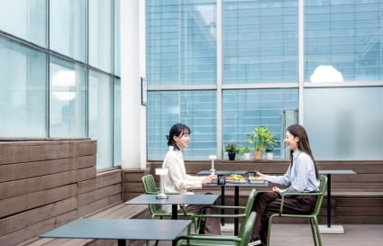 Bright, open-air terrace for casual meetings in Gangnam coworking space.