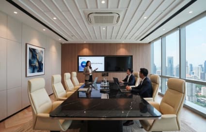 Elegant conference room with city views, modern seating, and advanced presentation technology. Perfect for professional meetings.