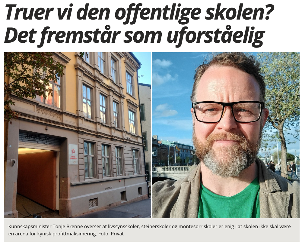 Skjermdump fra Avisa Oslo fredag 13. oktober som viser bilde av Oslo by steinerskole og lærer Steingrímur Njálsson