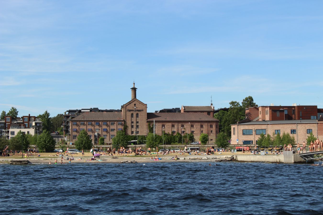 Bilde av Hamar Innlandet med stranden og byen i bakgrunnen. 