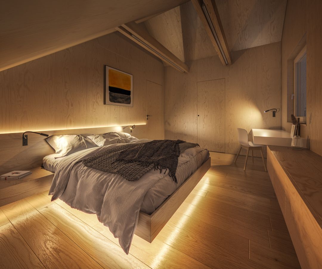 et moderne soverom med led-lys