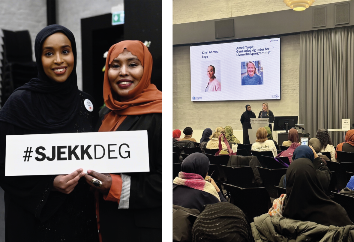 Bildene fra arrangementet viser til høyre foredragsholderne Ameli Tropé, gynekolog og leder av Livmorhalsprogrammet, samt Kinsi Ahmed, lege ved Kvinneklinikken på Sykehuset Telemark. Til venstre vises Anisa Mahamed, frivillig under arrangementet, sammen med Kinsi Ahmed.