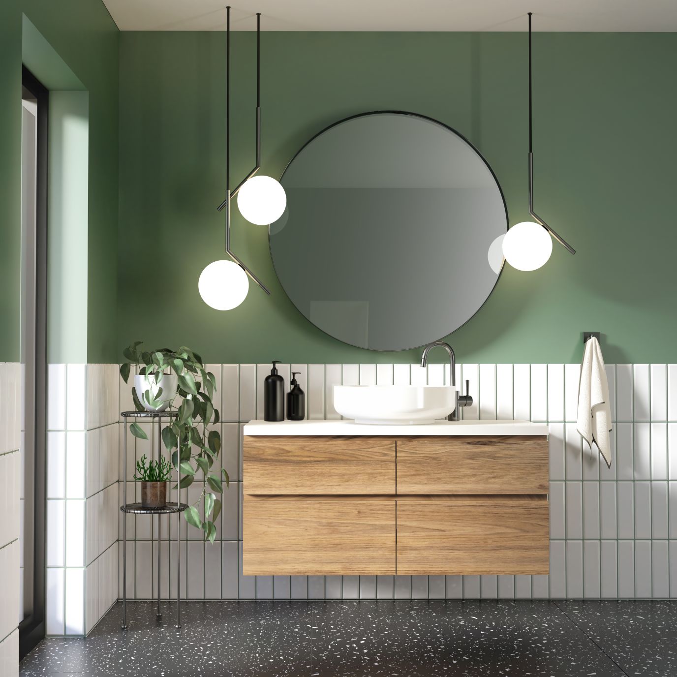 Trendy, grønt baderom, flos lamper