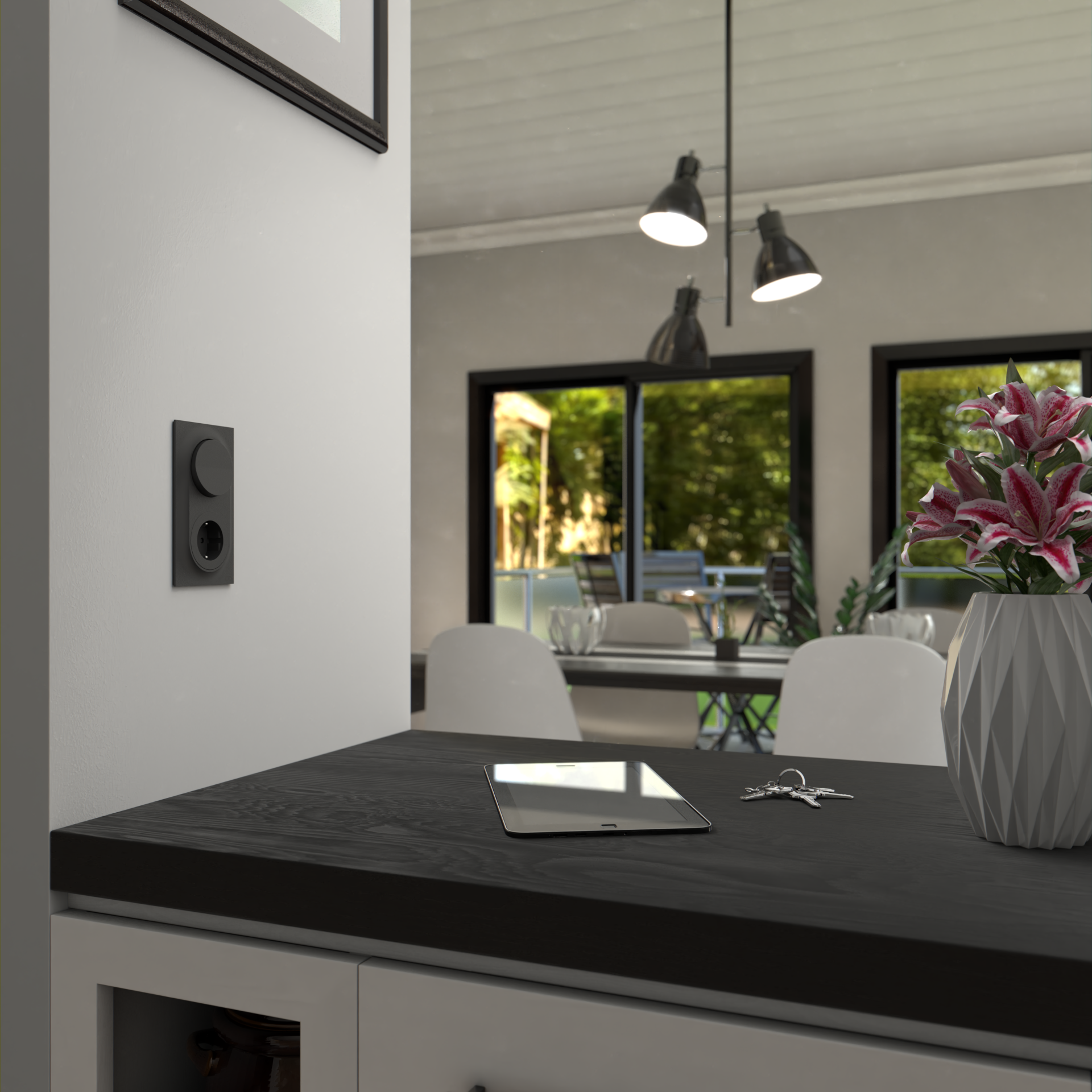 ELKO One svart bryter på kjøkkenvegg