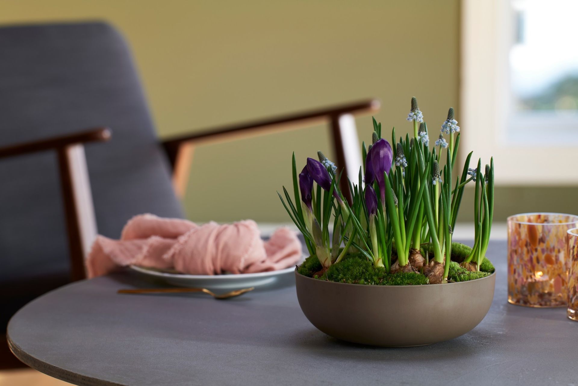 Produktet Vårtegn (løkblomster) plassert på et stuebord