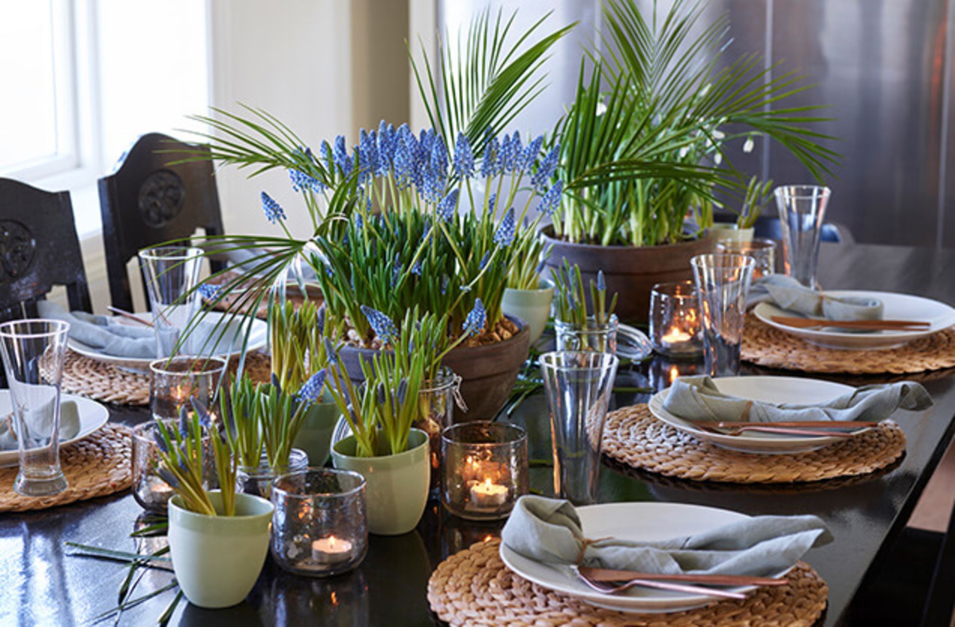 Vårens festbord pyntet med blå perleblomster fra interflora