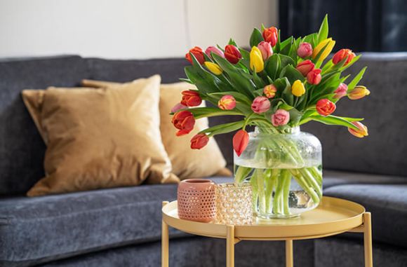 Fargerike tulipaner og Bloom designvase