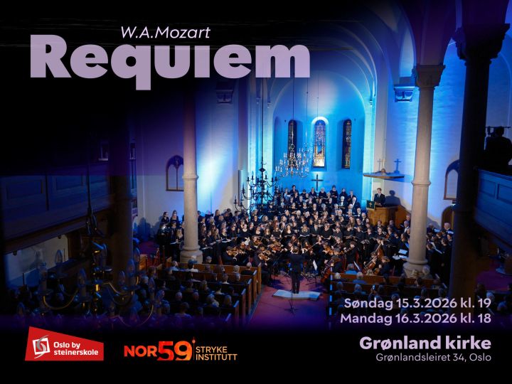 Plakat for konsert i Grønland kirke Søndag 15. mars og mandag 16. mars hvor elever fra Oslo by steinerskole og Nor59 fremfører Mozarts Requiem