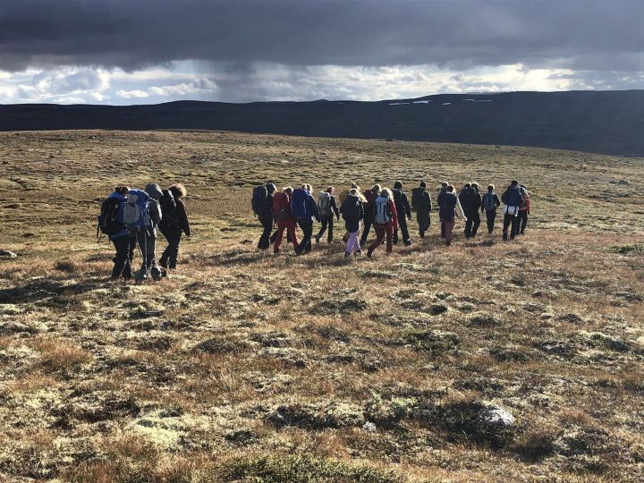 Elever som går på sti over Hardangervidda