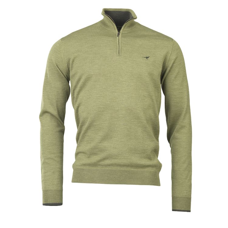 Norfolk zip-neck ullgenser fra Laksen i fargen Seagrass. Produktbilde sett forfra