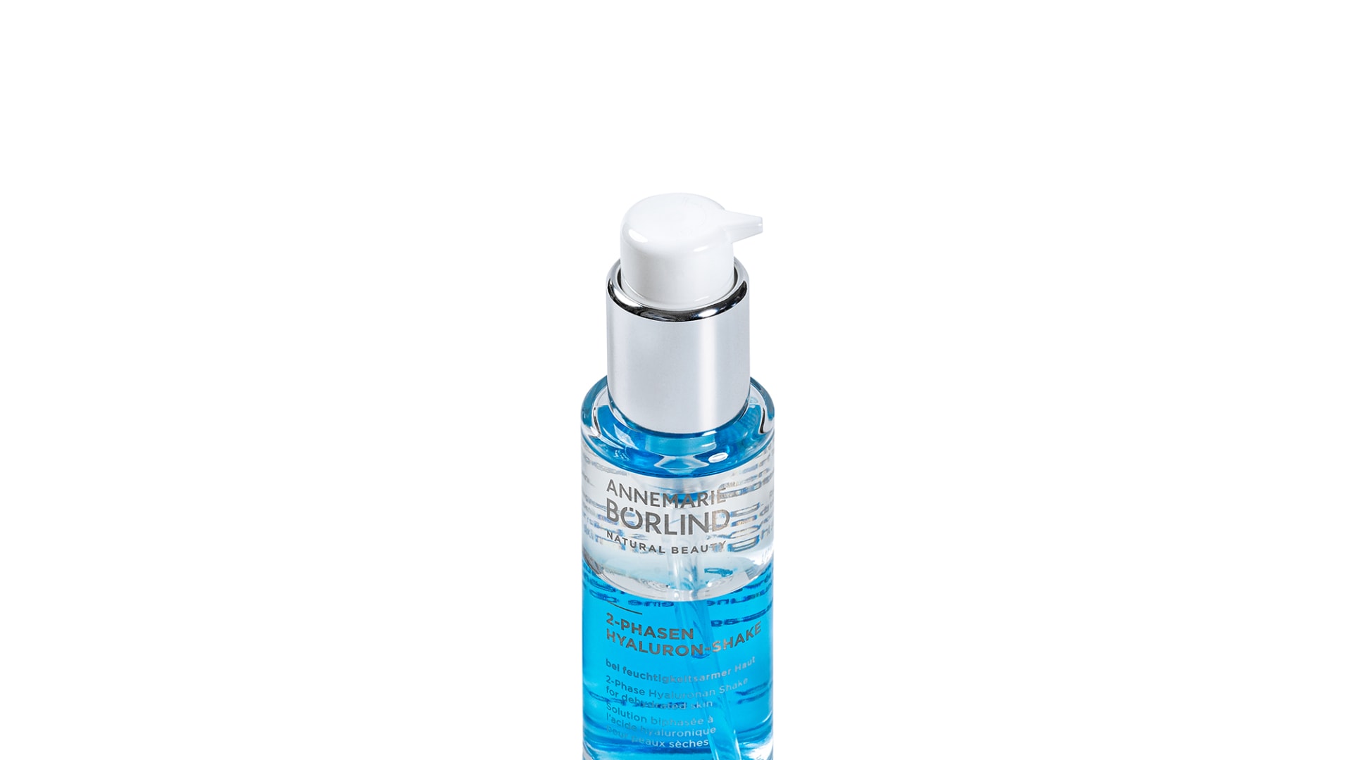 The image depicts a cosmetics bottle with blue content and a pump system.