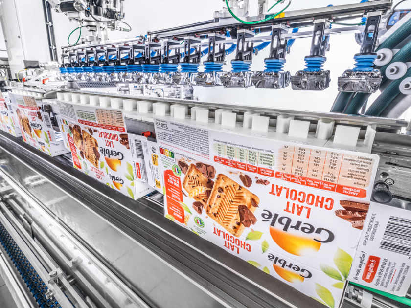 Two TLM-T4 robots remove flowpacks from a grouping chain and place them in the erected cardboard boxes