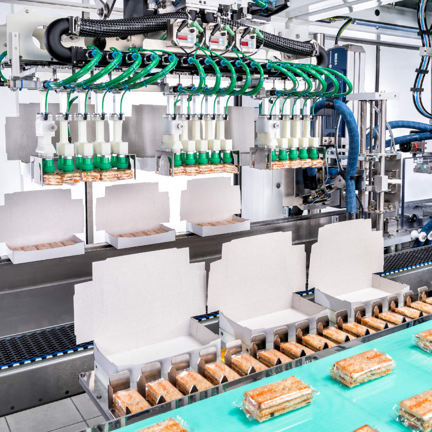 Stacked biscuits in flowpacks are picked up simultaneously by a packaging robot in three groups of five and placed into cartons.