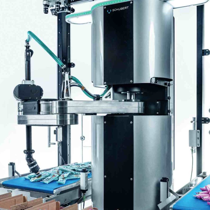 A cobot alternately picks up blue and pink confectionery bars from two conveyor belts and places them into mixed packs.