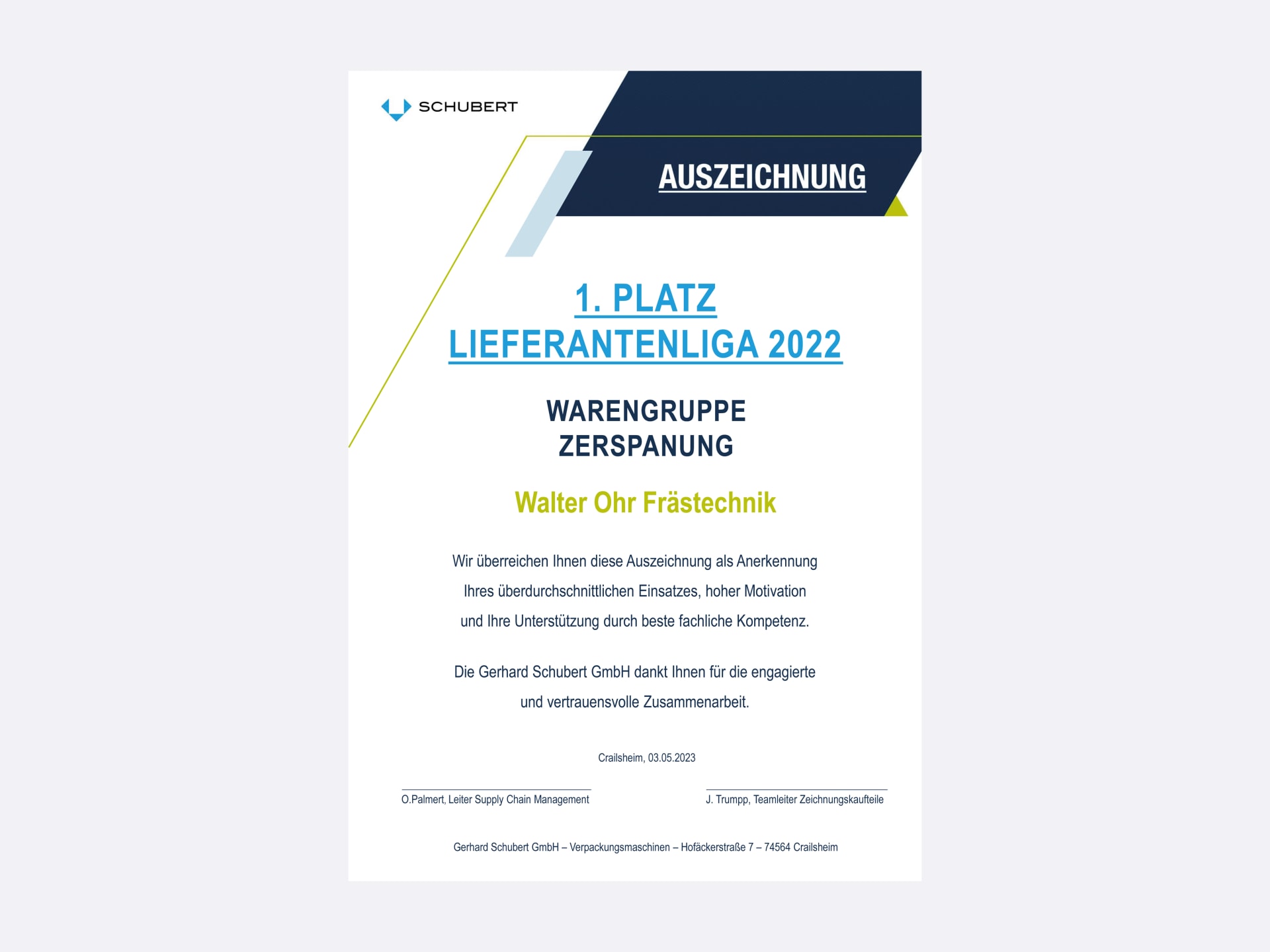 Die Urkunde der Lieferanten-Liga wird an die Gewinner aus verschiedenen Kategorien vergeben, hier wird die Warengruppe Zerspanung gezeigt. 