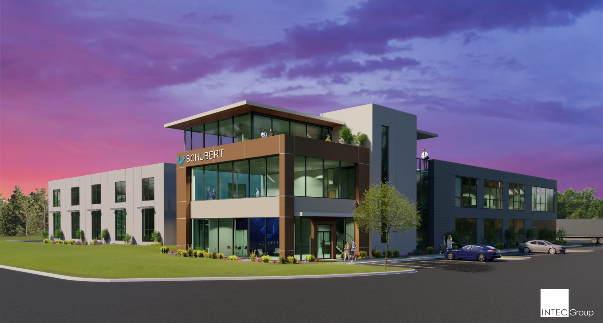 Visualisation of the building of the future Schubert North America headquarters.