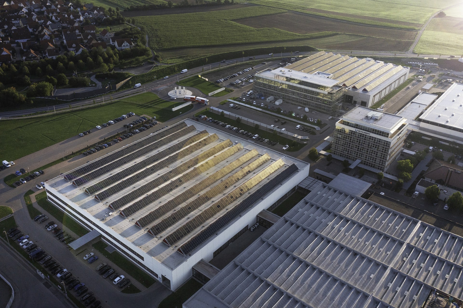 An aerial shot of one of Schubert’s new buildings with a view of the rooftop photovoltaic system.