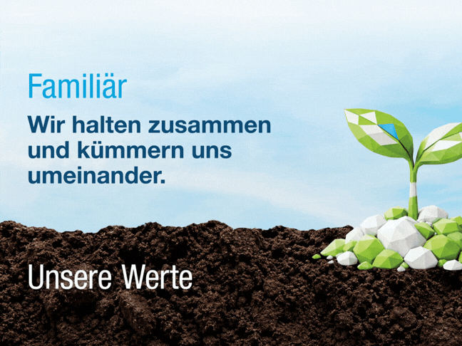 Ein stilisierter Pflanzenkeim aus grünen und weißen Kartonteilen wächst aus der Erde. Auf dem Bild werden nacheinander die Unternehmenswerte von Schubert „Verantwortungsbewusst“, „Wertschätzend“, „Pionierhaft“, „Familiär“, „Leidenschaftlich“, „Stabil & verlässlich“, „Gesundheitsorientiert“, „Teamorientiert“ und „Flexibel“ eingeblendet.