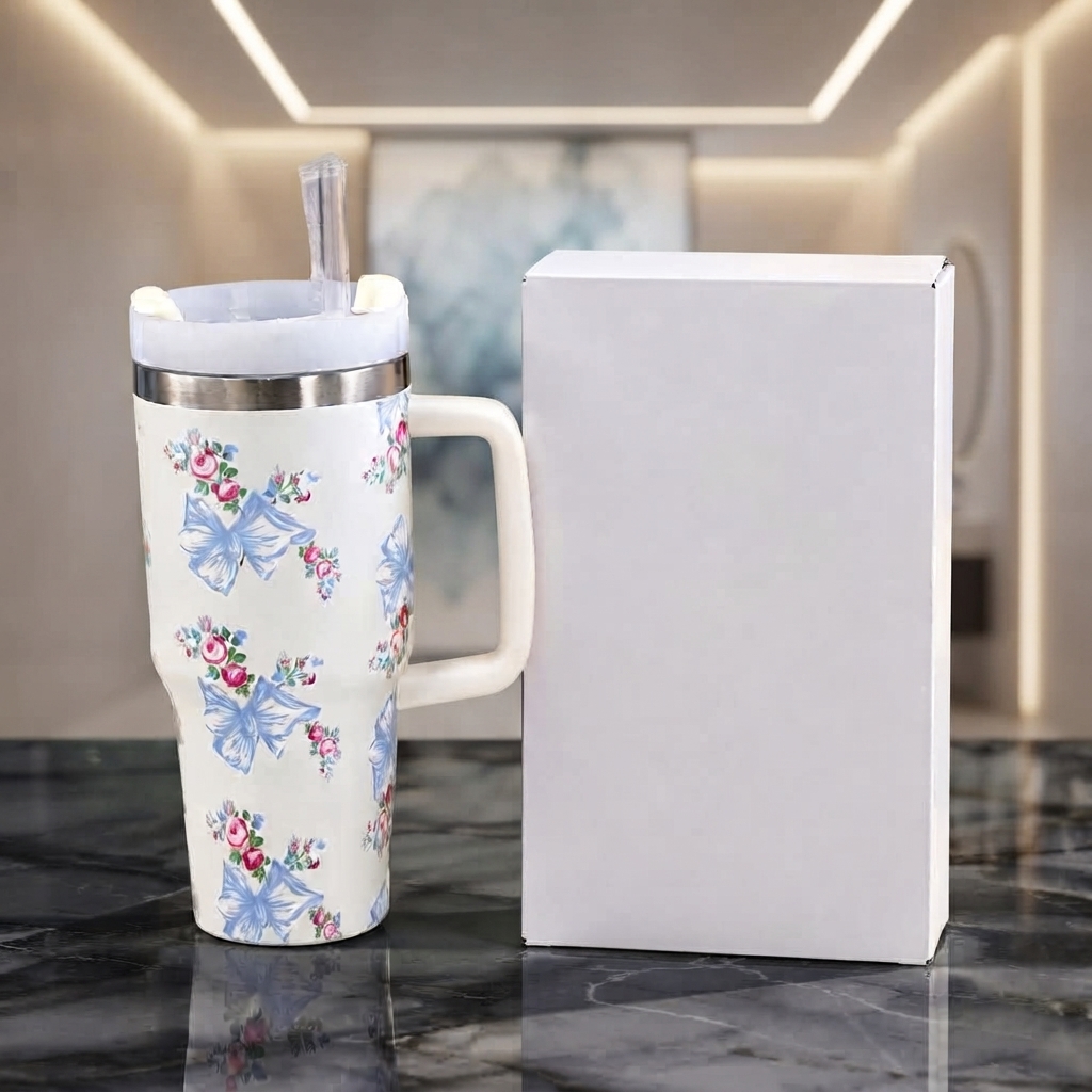 Stanley Style White Floral Print Tumbler - Drinkware Accessory Designed For Liquid Hydration And Daily Travel Routine - 600ml