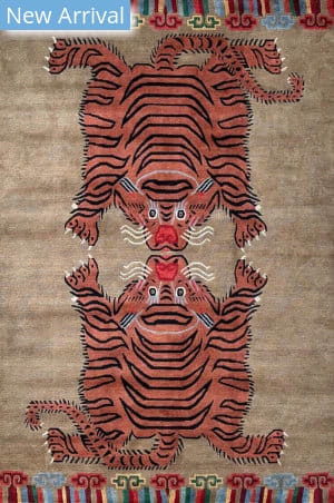 Handknotted Grey, Black, and Cream Hunting Tiger Rug, 3'6x5