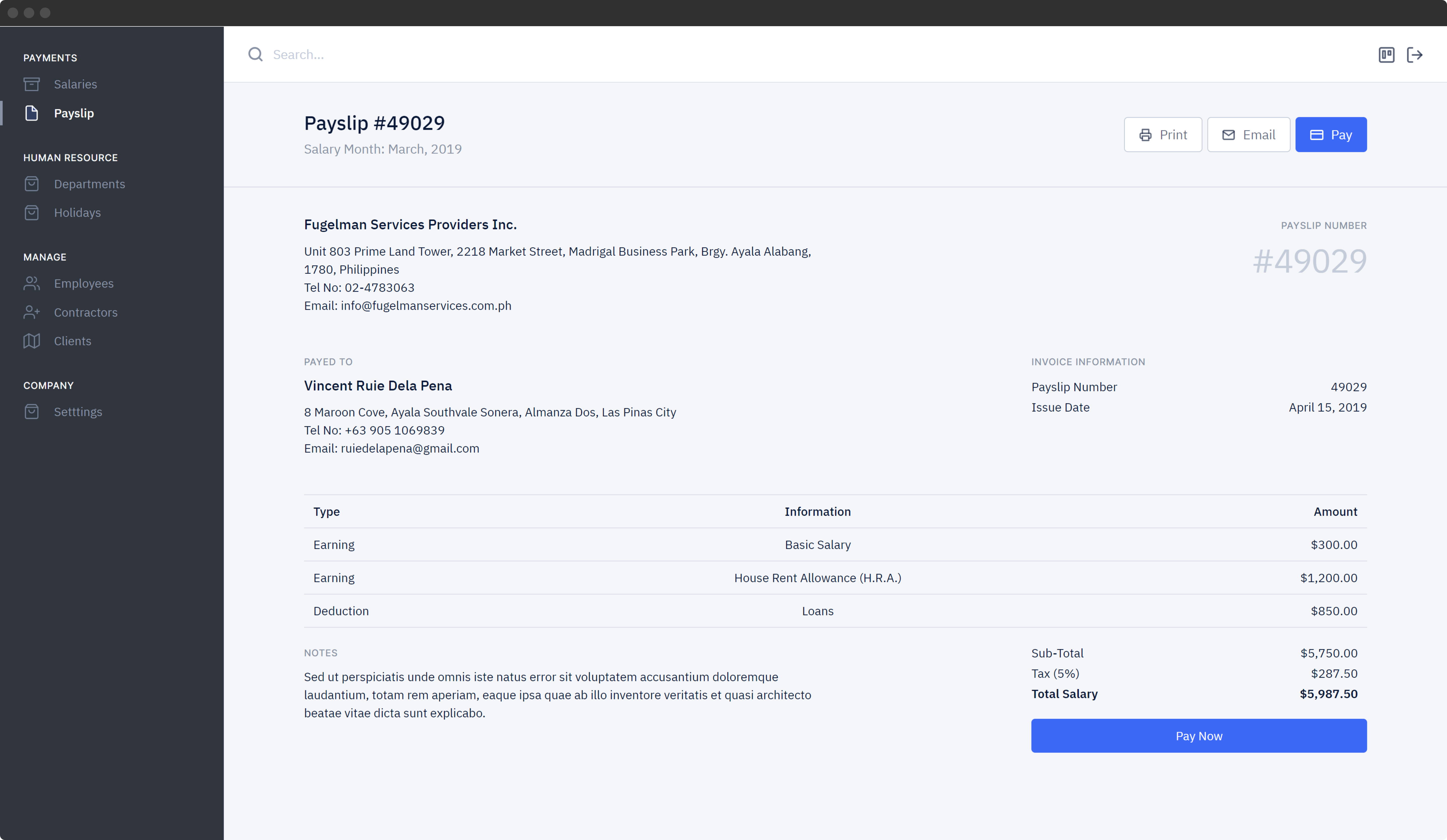Payslip Page