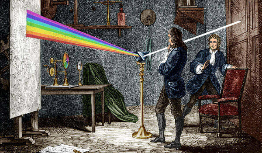 A drawing of Sir Isaac Newton dispersing light with a glass prism