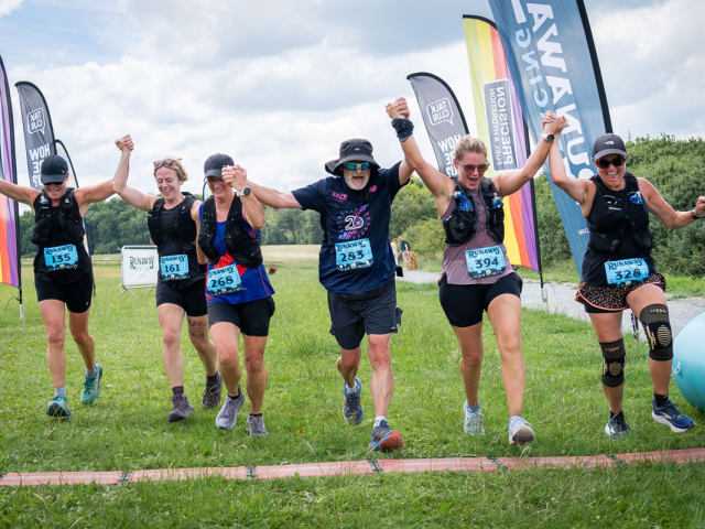 Chip timing mats and live results at a running event finish line