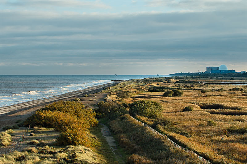 View along the Suffolk coast path over the dunes and beach