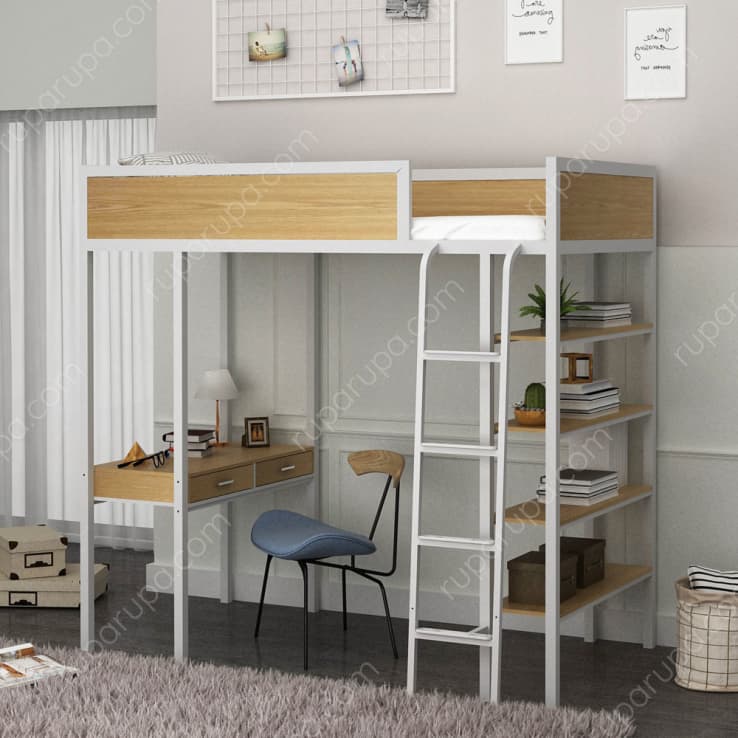 HASSELT LOFT BED WHITE-NATURAL WOOD(S/2)