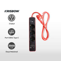 Gambar Krisbow Stop Kontak 3 Socket Dengan Port Usb & Type C - Merah