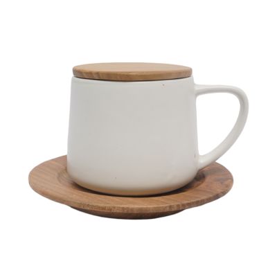 Gambar Seco By Seken Living 300 Ml Cera Cangkir Dengan Saucer Wooden - Putih