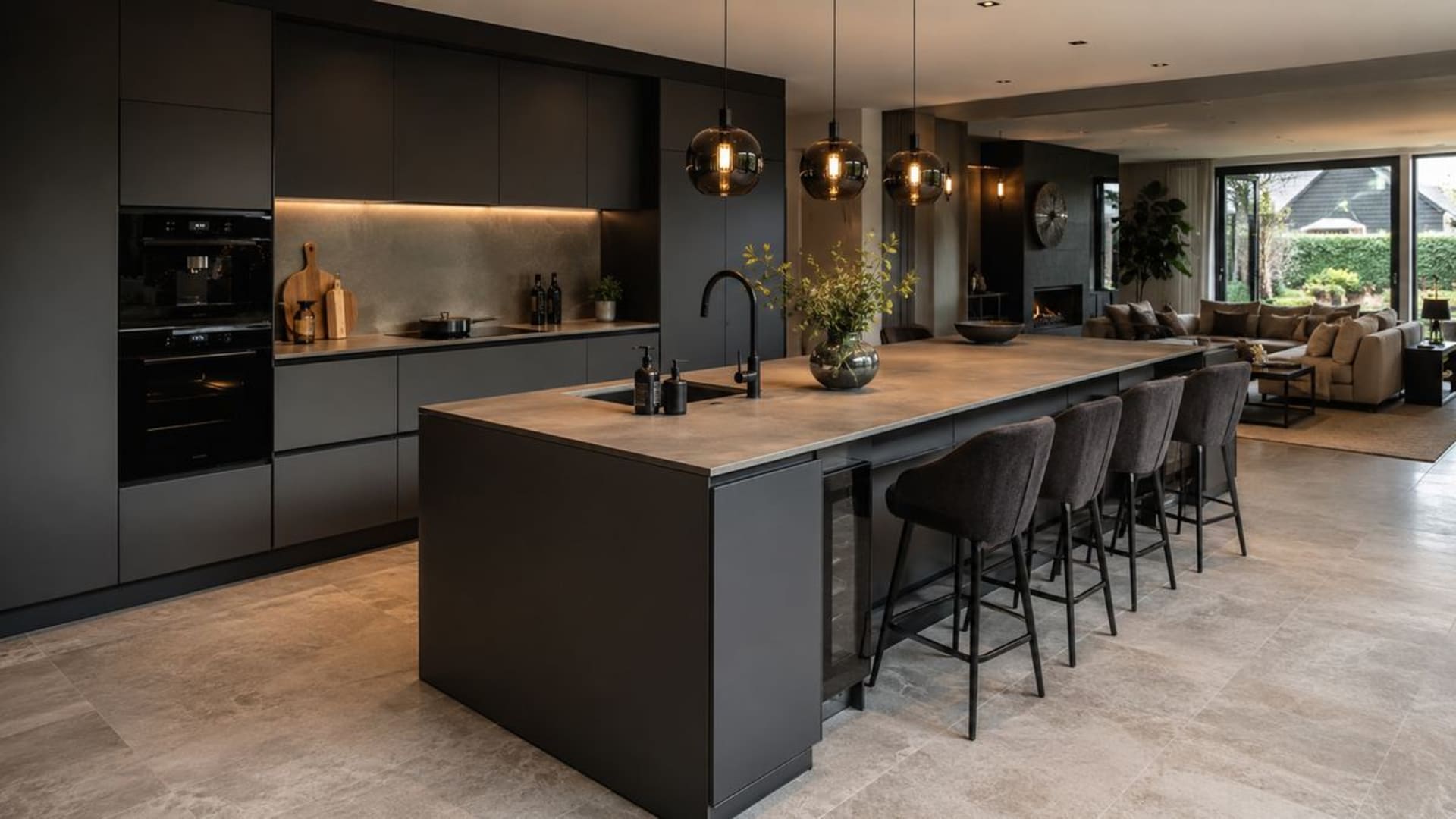 Exclusieve zwarte keuken met lang kookeiland in een open woonruimte