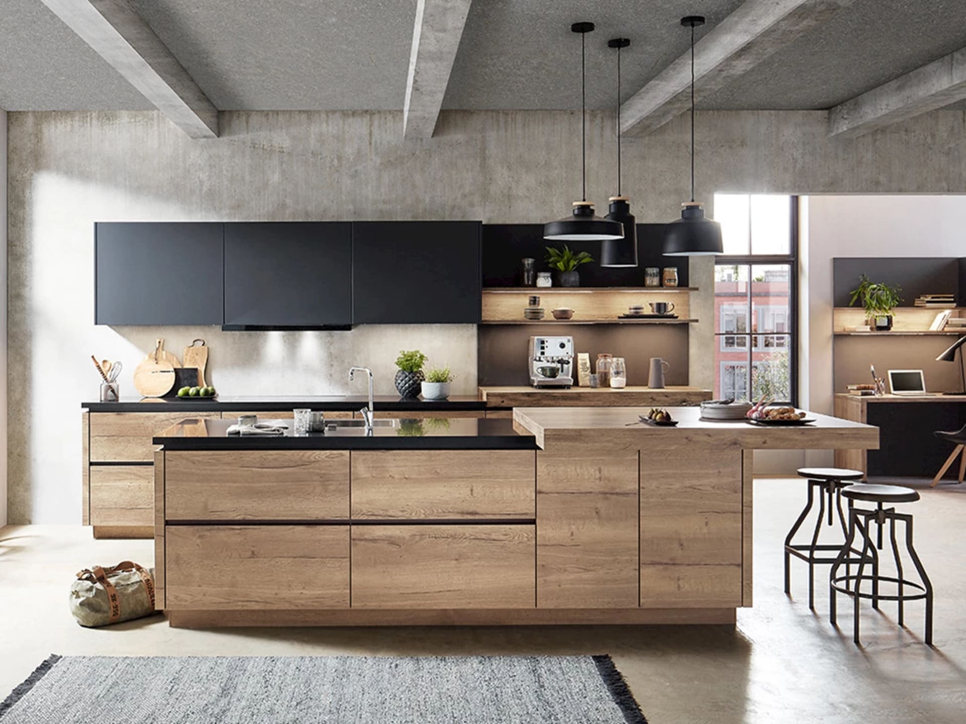 Industriële keukens met hout