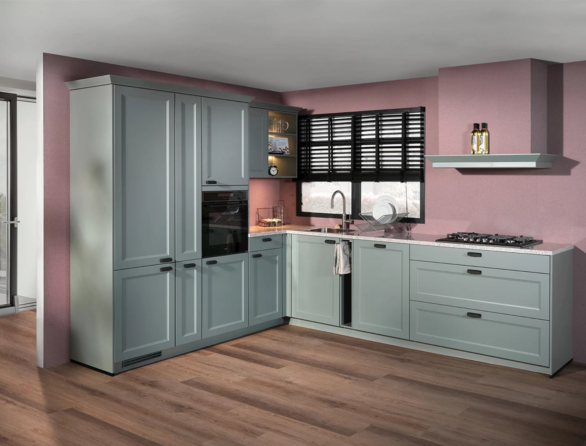 Groen L-keuken met raam