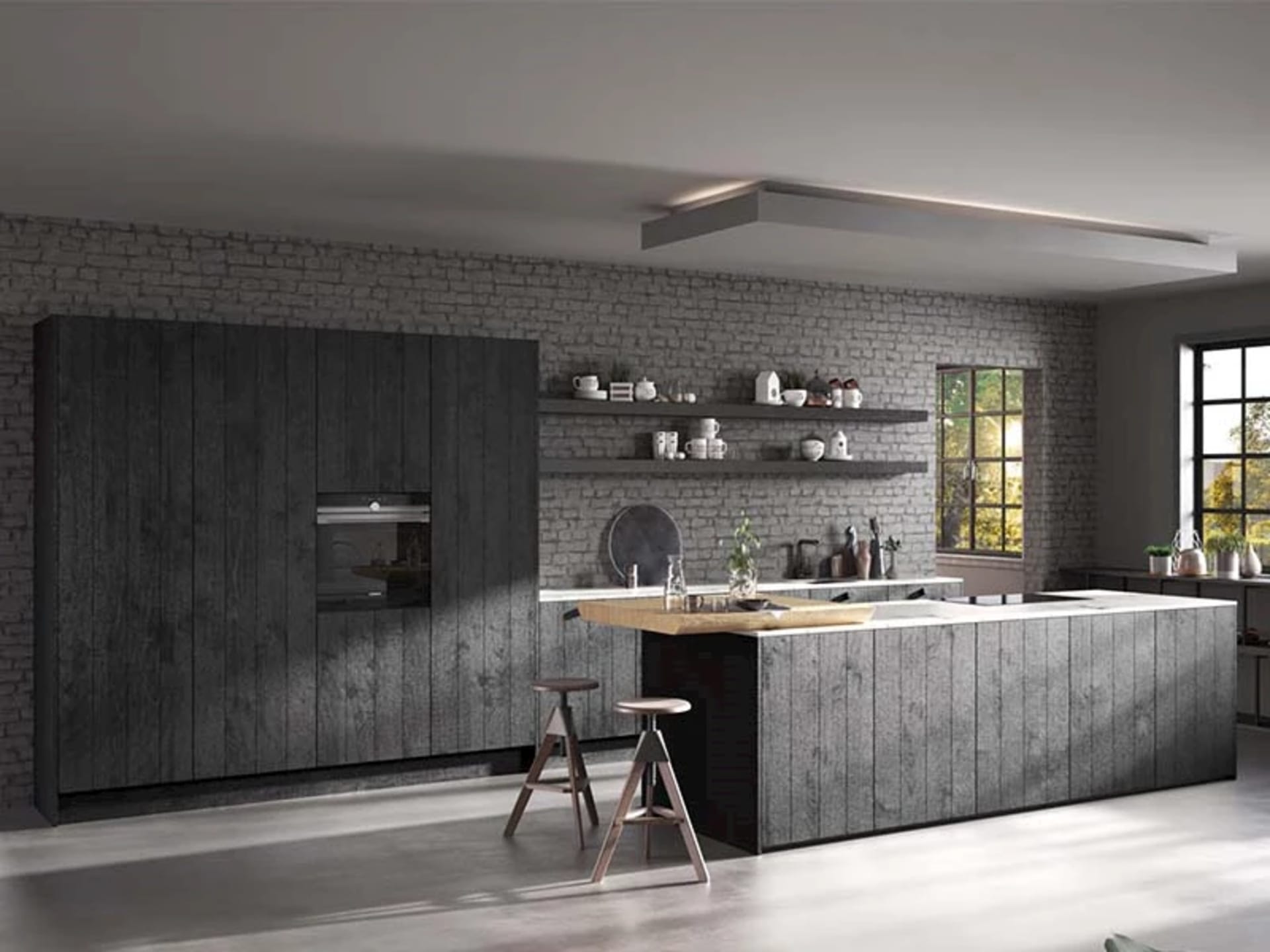 Zwarte industriele keuken met warme accenten