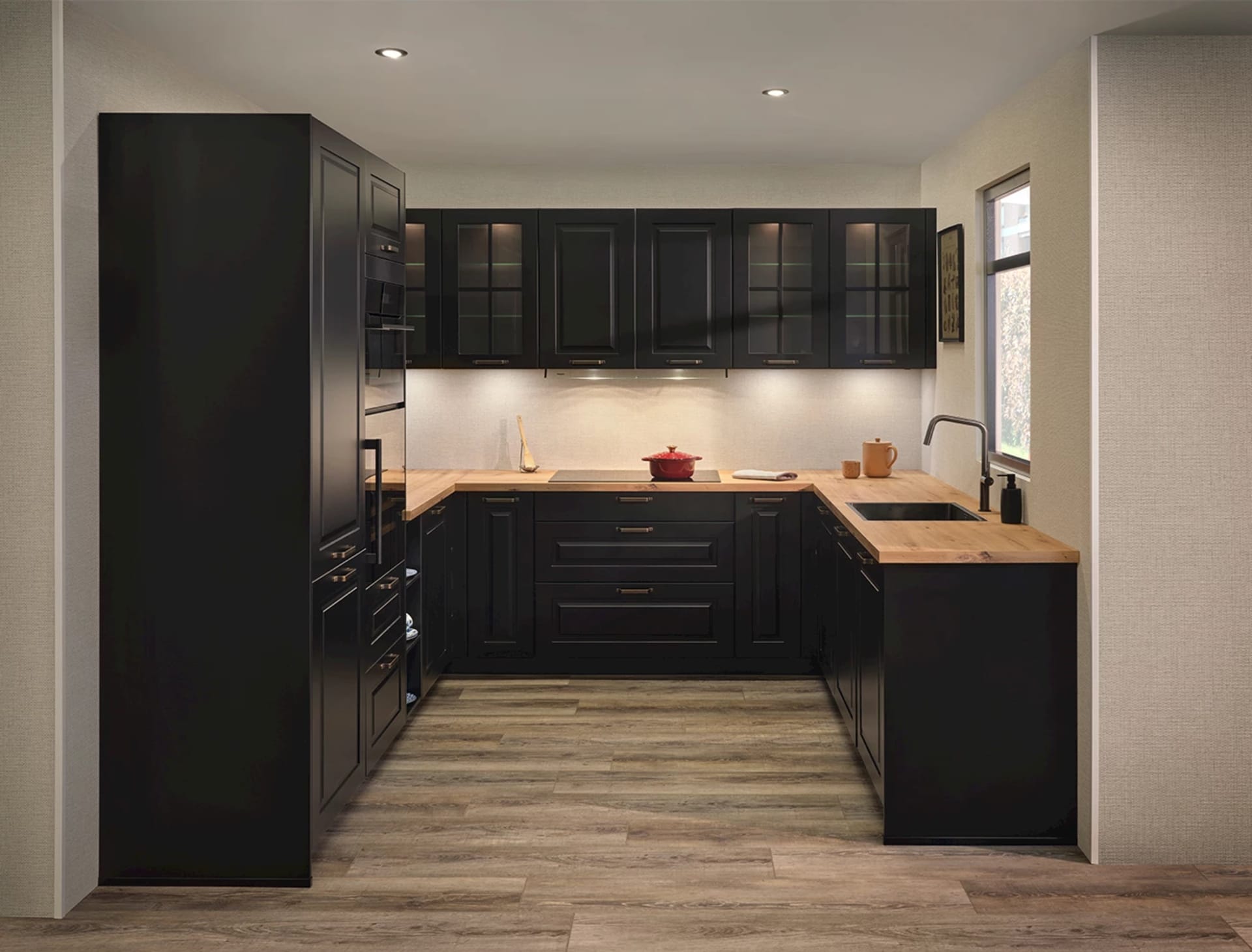 Landelijke zwarte keuken met hout