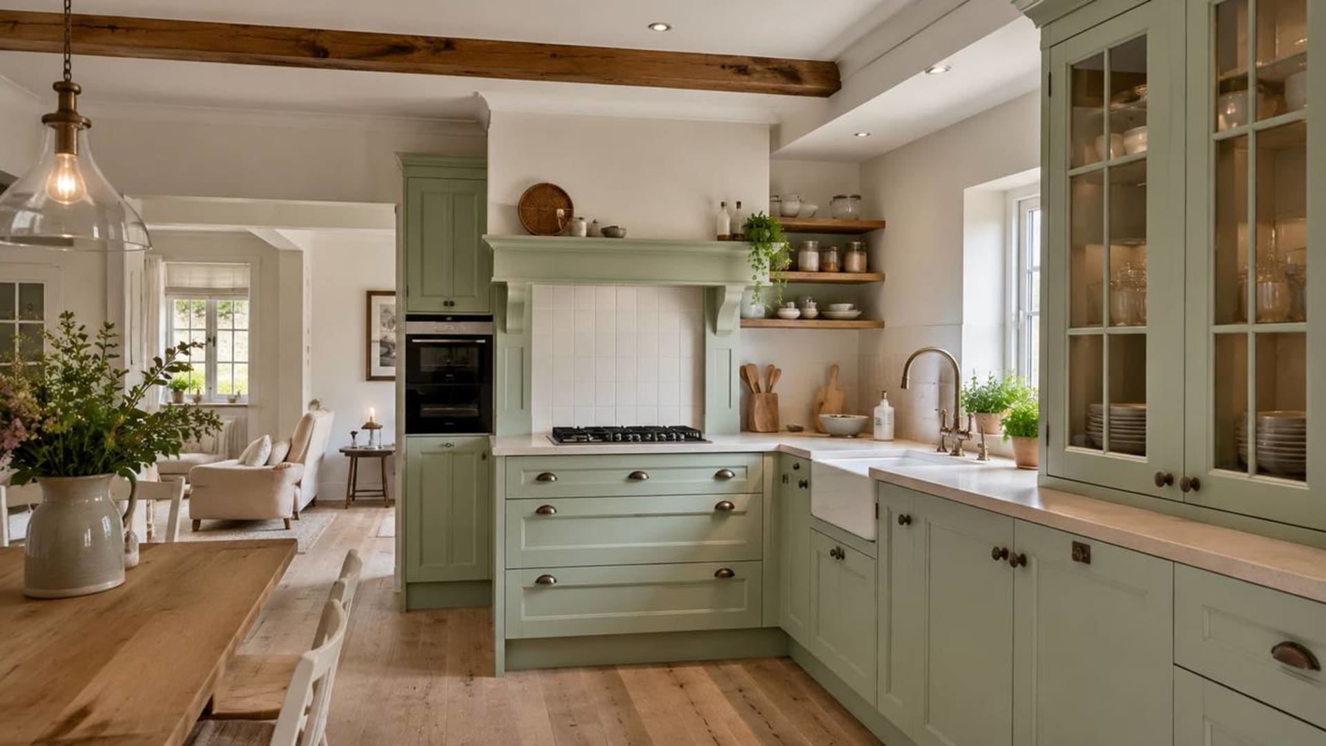 Landelijke mintgroene keuken met houten balken, een spoelbak en een eettafel